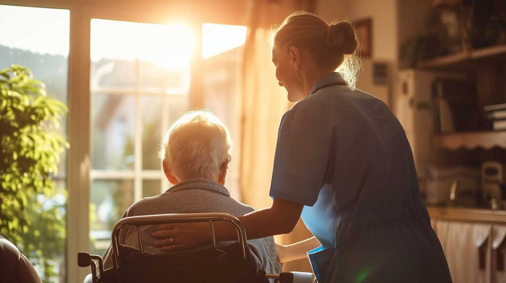 Older residents practice gentle chair stretches with a caregiver in a bright community room.