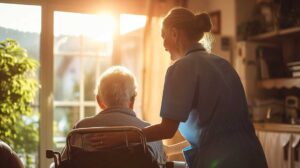 Older residents practice gentle chair stretches with a caregiver in a bright community room.